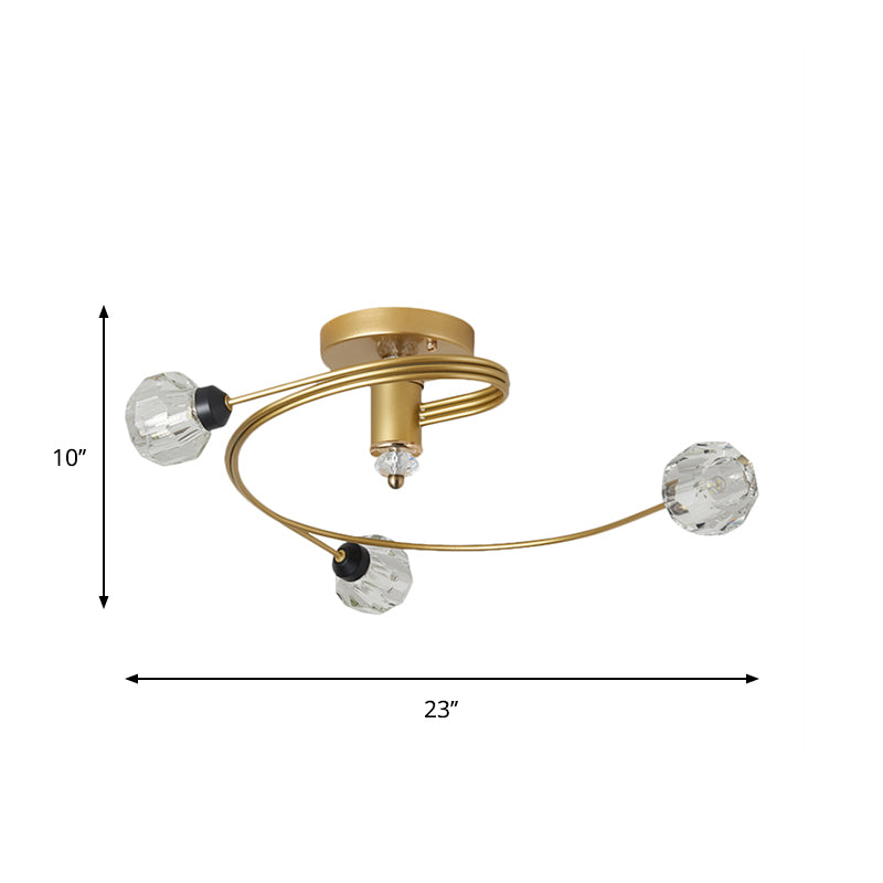 Spiral Semi Flush Traditional Clear/White Glass/Crystal 3/5 Lights Bedroom Ceiling Light Fixture in Brass Clearhalo 'Ceiling Lights' 'Close To Ceiling Lights' 'Close to ceiling' 'Semi-flushmount' Lighting' 261866