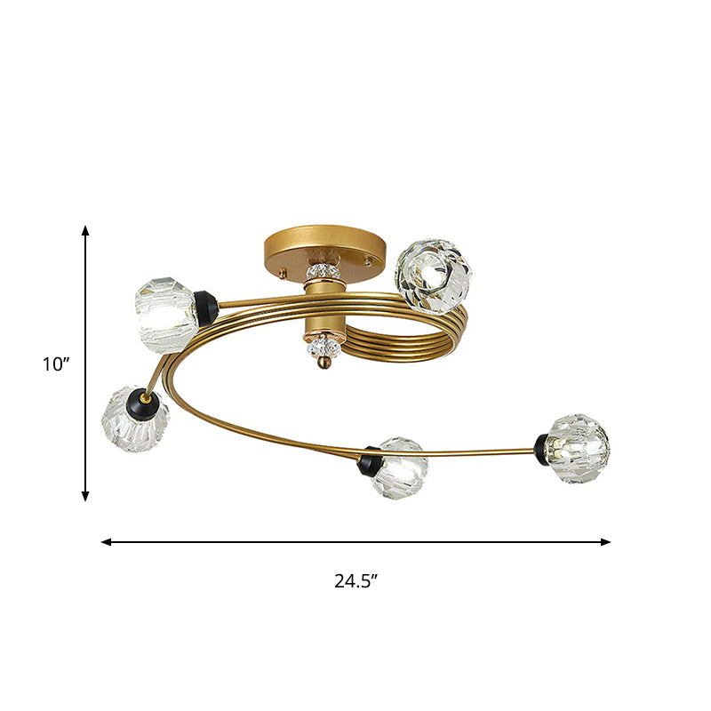 Spiral Semi Flush Traditional Clear/White Glass/Crystal 3/5 Lights Bedroom Ceiling Light Fixture in Brass Clearhalo 'Ceiling Lights' 'Close To Ceiling Lights' 'Close to ceiling' 'Semi-flushmount' Lighting' 261867