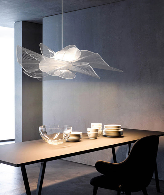 Tulle-Like Floral Chandelier Decorative Plastic Cafe LED Suspension Lighting Fixture in White Clearhalo 'Ceiling Lights' 'Chandeliers' Lighting' 2618686