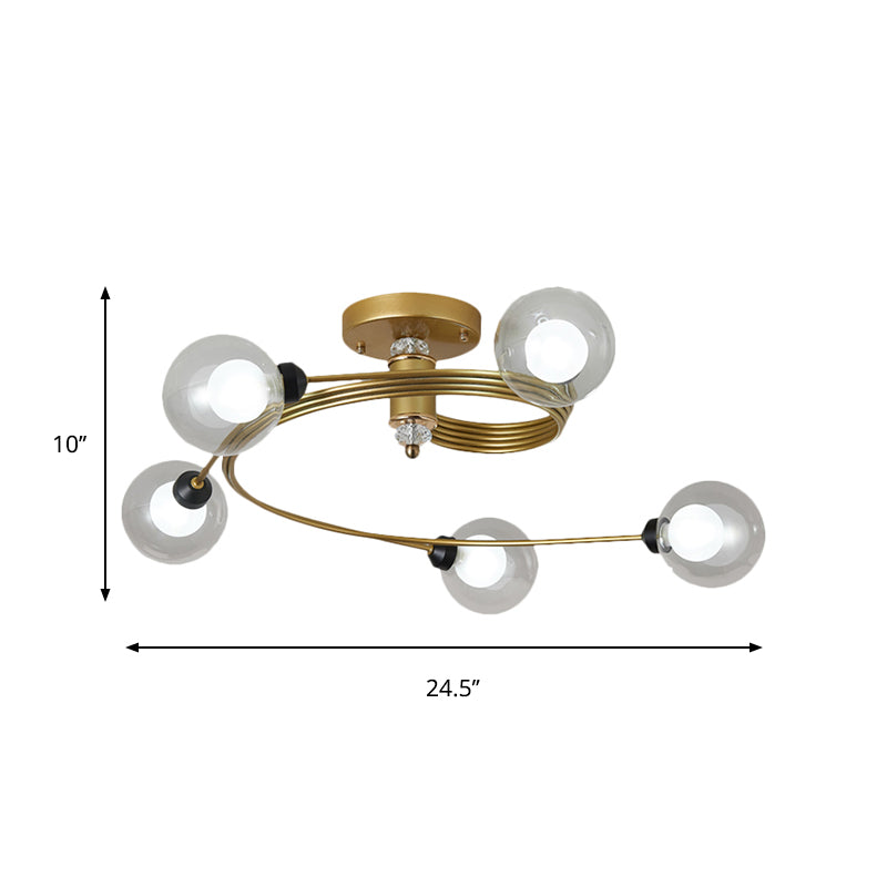 Spiral Semi Flush Traditional Clear/White Glass/Crystal 3/5 Lights Bedroom Ceiling Light Fixture in Brass Clearhalo 'Ceiling Lights' 'Close To Ceiling Lights' 'Close to ceiling' 'Semi-flushmount' Lighting' 261869