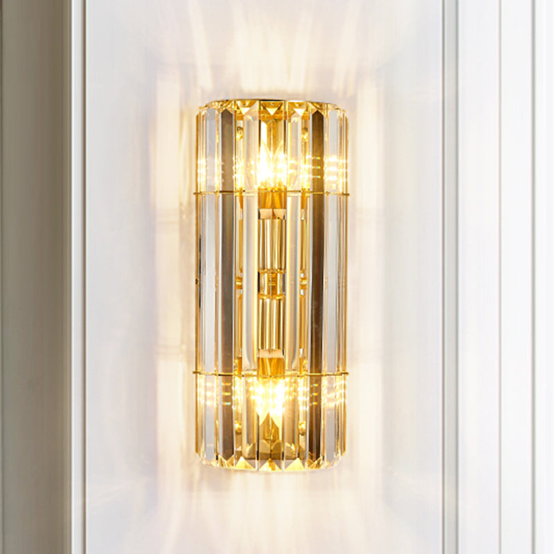 Cylindrical Sconce Lighting Vintage Style Clear Crystal 2/3-Heads Golden Wall Mounted Lamp for Hallway 2.0 Gold Clearhalo 'Modern wall lights' 'Modern' 'Wall Lamps & Sconces' 'Wall Lights' Lighting' 261872