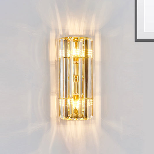 Cylindrical Sconce Lighting Vintage Style Clear Crystal 2/3-Heads Golden Wall Mounted Lamp for Hallway Clearhalo 'Modern wall lights' 'Modern' 'Wall Lamps & Sconces' 'Wall Lights' Lighting' 261873