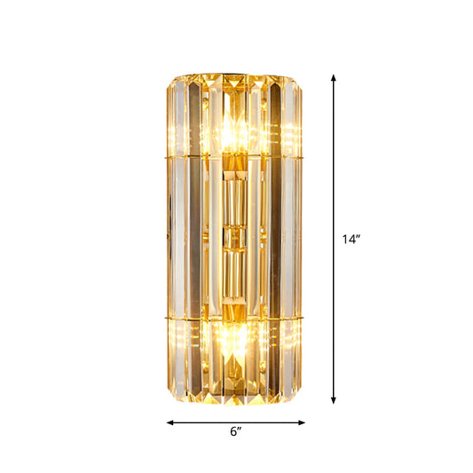 Cylindrical Sconce Lighting Vintage Style Clear Crystal 2/3-Heads Golden Wall Mounted Lamp for Hallway Clearhalo 'Modern wall lights' 'Modern' 'Wall Lamps & Sconces' 'Wall Lights' Lighting' 261874