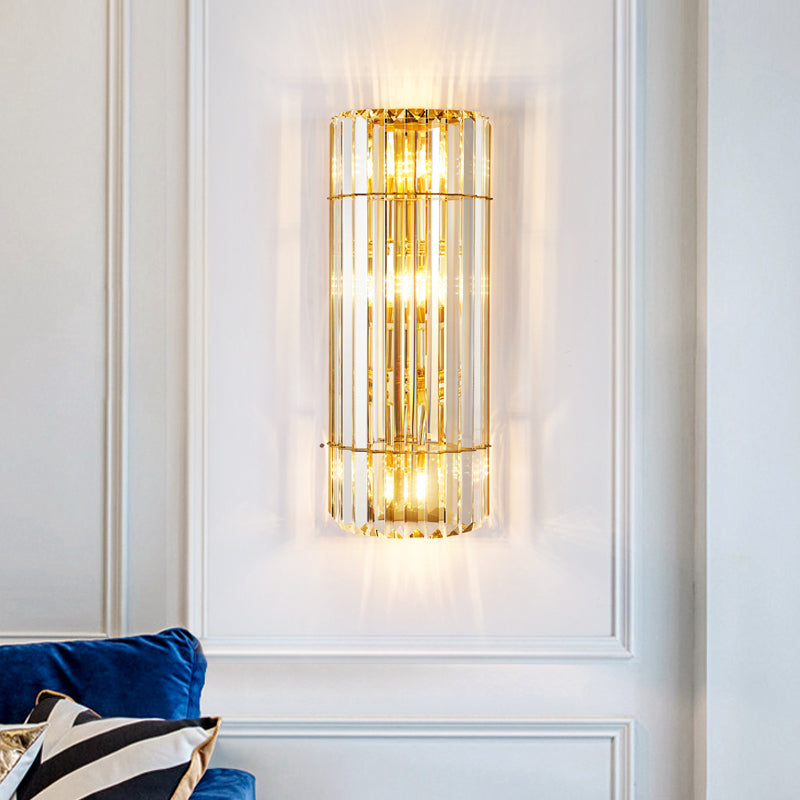 Cylindrical Sconce Lighting Vintage Style Clear Crystal 2/3-Heads Golden Wall Mounted Lamp for Hallway 3.0 Gold Clearhalo 'Modern wall lights' 'Modern' 'Wall Lamps & Sconces' 'Wall Lights' Lighting' 261875