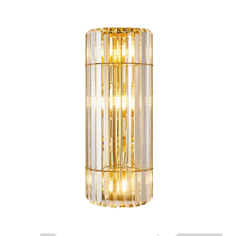 Cylindrical Sconce Lighting Vintage Style Clear Crystal 2/3-Heads Golden Wall Mounted Lamp for Hallway Clearhalo 'Modern wall lights' 'Modern' 'Wall Lamps & Sconces' 'Wall Lights' Lighting' 261877