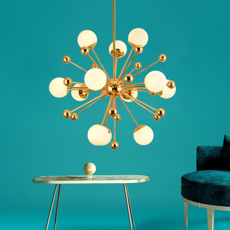 Golden Dandelion Chandelier Minimalist 12-Light Cream Glass Pendant Light for Living Room Clearhalo 'Ceiling Lights' 'Chandeliers' Lighting' 2618774