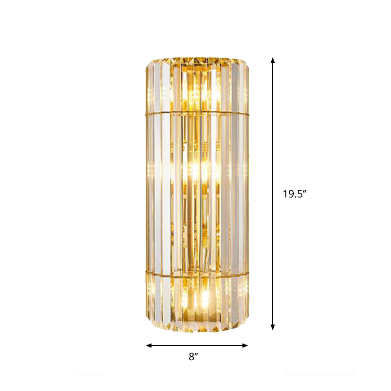 Cylindrical Sconce Lighting Vintage Style Clear Crystal 2/3-Heads Golden Wall Mounted Lamp for Hallway Clearhalo 'Modern wall lights' 'Modern' 'Wall Lamps & Sconces' 'Wall Lights' Lighting' 261878