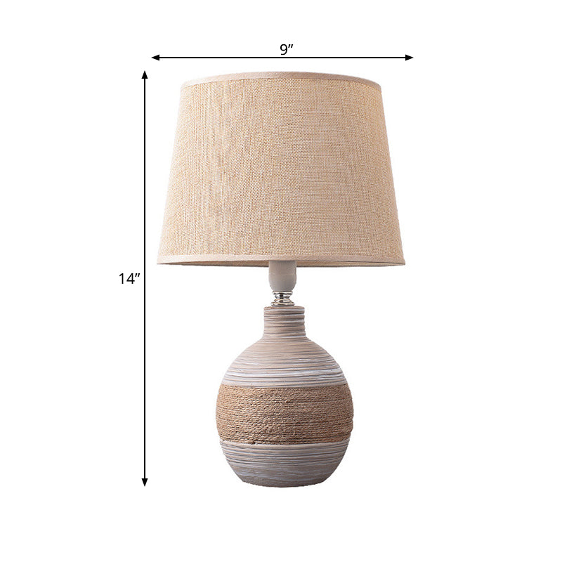 Flaxen/Grey 1-Light Nightstand Lamp Traditional Fabric Drum Desk Light with Trapezoid/Oval/Globe Ceramic Base Clearhalo 'Lamps' 'Table Lamps' Lighting' 261880