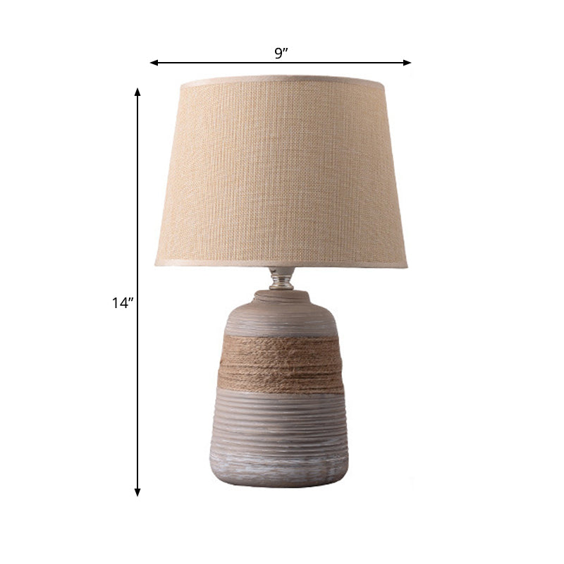 Flaxen/Grey 1-Light Nightstand Lamp Traditional Fabric Drum Desk Light with Trapezoid/Oval/Globe Ceramic Base Clearhalo 'Lamps' 'Table Lamps' Lighting' 261881