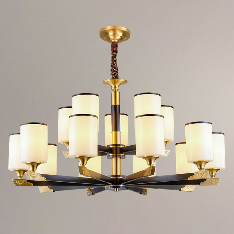 Cylindrical Living Room Chandelier Opaline Glass Minimalistic Pendant Light Fixture 15 Gold-Black Round Clearhalo 'Ceiling Lights' 'Chandeliers' Lighting' 2618860