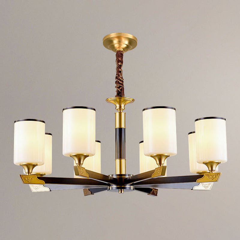 Cylindrical Living Room Chandelier Opaline Glass Minimalistic Pendant Light Fixture 8 Gold-Black Round Clearhalo 'Ceiling Lights' 'Chandeliers' Lighting' 2618861