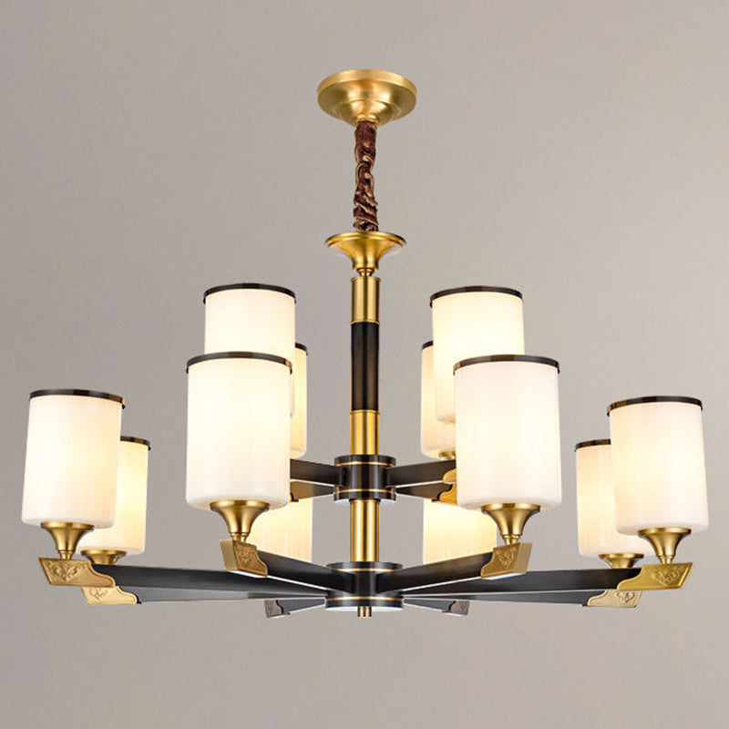 Cylindrical Living Room Chandelier Opaline Glass Minimalistic Pendant Light Fixture 12 Gold-Black Round Clearhalo 'Ceiling Lights' 'Chandeliers' Lighting' 2618863