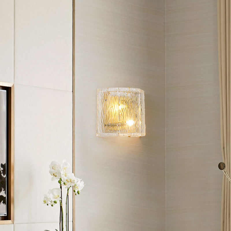 Half-Cylinder Wall Sconce Fixture Modernism Clear Ripple Glass 2 Lights Hallway Wall Lighting in Gold Finish Clearhalo 'Modern wall lights' 'Modern' 'Wall Lamps & Sconces' 'Wall Lights' Lighting' 261890