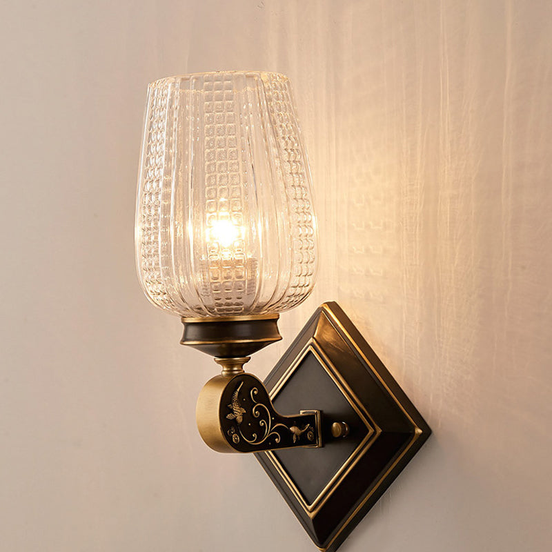 Cup Shade Wall Mounted Light Contemporary Style Clear Textured Glass 1 Bulb Brass Wall Lighting Brass Clearhalo 'Modern wall lights' 'Modern' 'Wall Lamps & Sconces' 'Wall Lights' Lighting' 261906