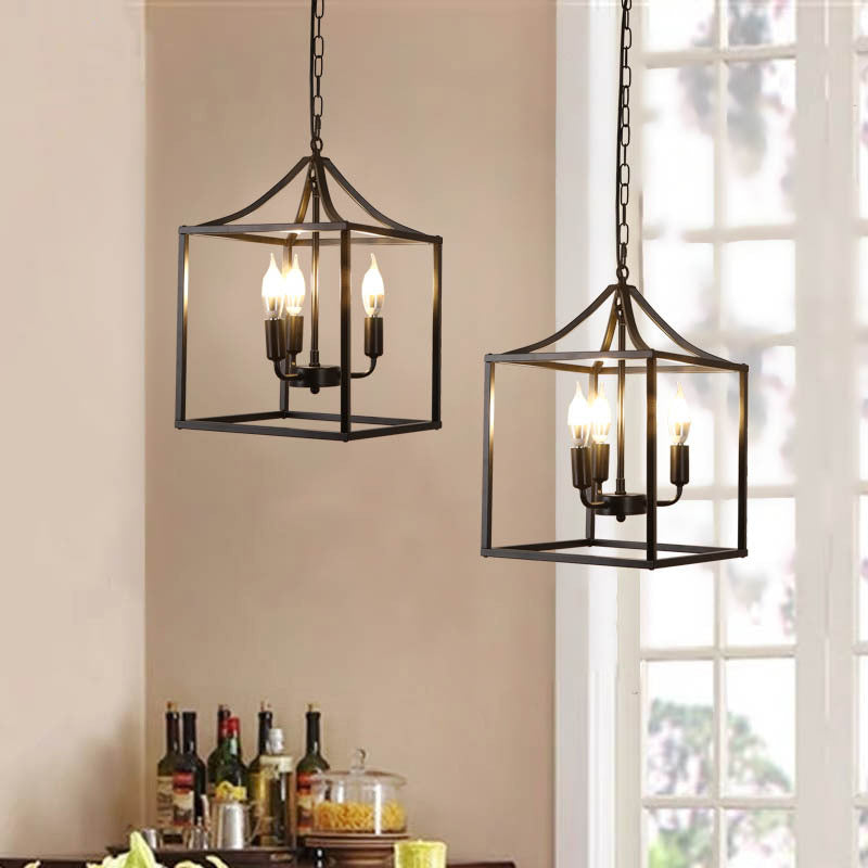 Black 3 Lights Pendant Lighting Retro Square Cage Metal Chandelier Lamp for Diner Clearhalo 'Ceiling Lights' 'Chandeliers' Lighting' options 2619068