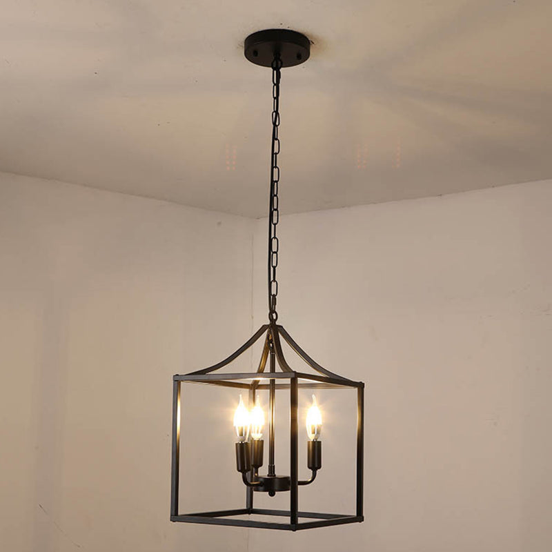 Black 3 Lights Pendant Lighting Retro Square Cage Metal Chandelier Lamp for Diner Clearhalo 'Ceiling Lights' 'Chandeliers' Lighting' options 2619069