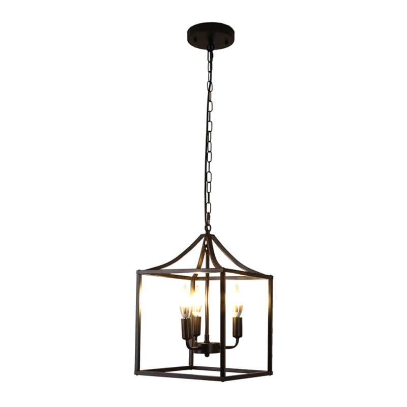 Black 3 Lights Pendant Lighting Retro Square Cage Metal Chandelier Lamp for Diner Black Clearhalo 'Ceiling Lights' 'Chandeliers' Lighting' options 2619070_52a8448c-7e59-4e59-a05e-5394eba4ceee