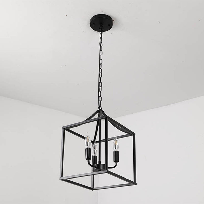 Black 3 Lights Pendant Lighting Retro Square Cage Metal Chandelier Lamp for Diner Clearhalo 'Ceiling Lights' 'Chandeliers' Lighting' options 2619072