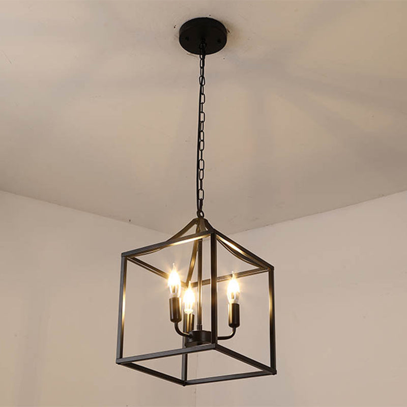 Black 3 Lights Pendant Lighting Retro Square Cage Metal Chandelier Lamp for Diner Clearhalo 'Ceiling Lights' 'Chandeliers' Lighting' options 2619073