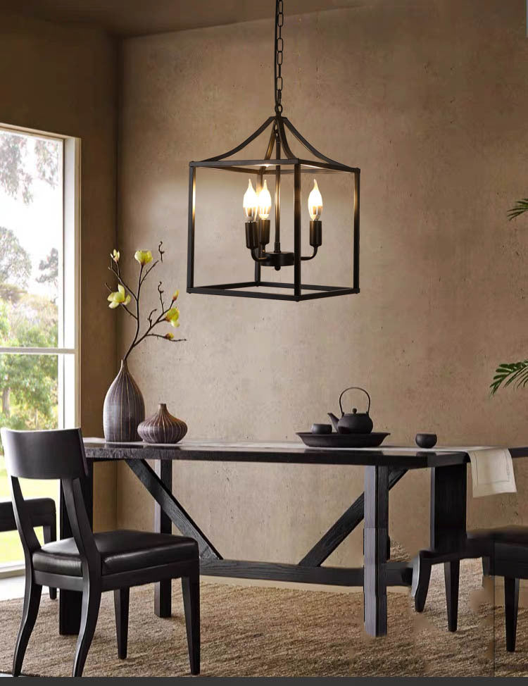 Black 3 Lights Pendant Lighting Retro Square Cage Metal Chandelier Lamp for Diner Clearhalo 'Ceiling Lights' 'Chandeliers' Lighting' options 2619075