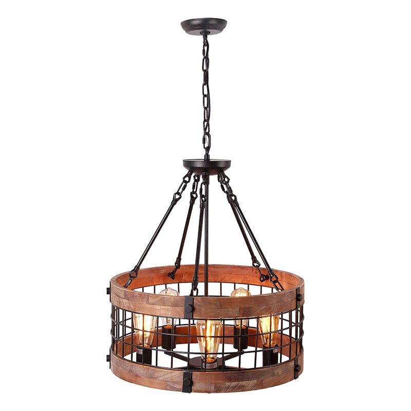 Brown Grid Cage Drum Chandelier Rustic Metal Dining Room Suspension Pendant Light Clearhalo 'Ceiling Lights' 'Chandeliers' Lighting' 2619087