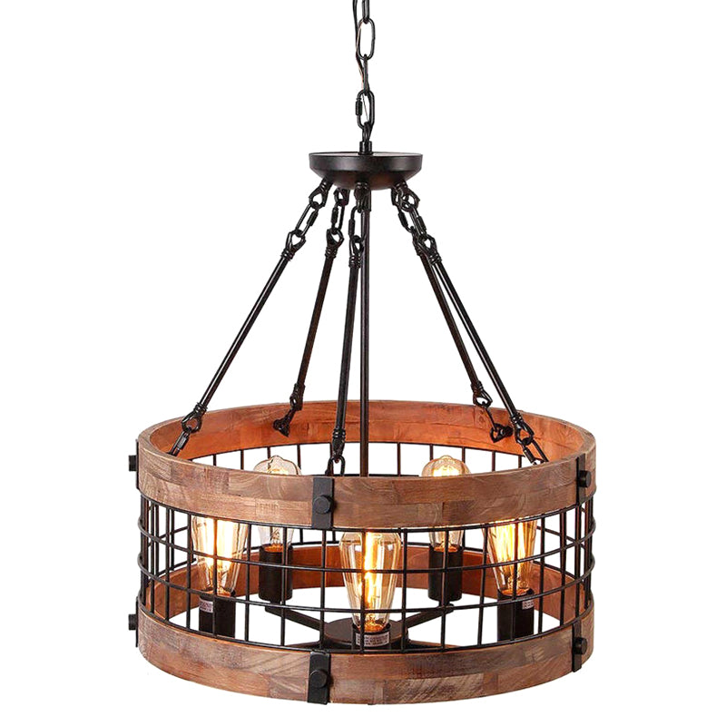 Brown Grid Cage Drum Chandelier Rustic Metal Dining Room Suspension Pendant Light Clearhalo 'Ceiling Lights' 'Chandeliers' Lighting' 2619090