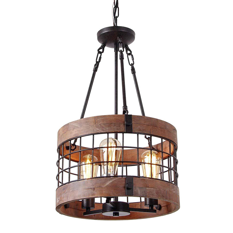 Brown Grid Cage Drum Chandelier Rustic Metal Dining Room Suspension Pendant Light 3 Brown Clearhalo 'Ceiling Lights' 'Chandeliers' Lighting' 2619093