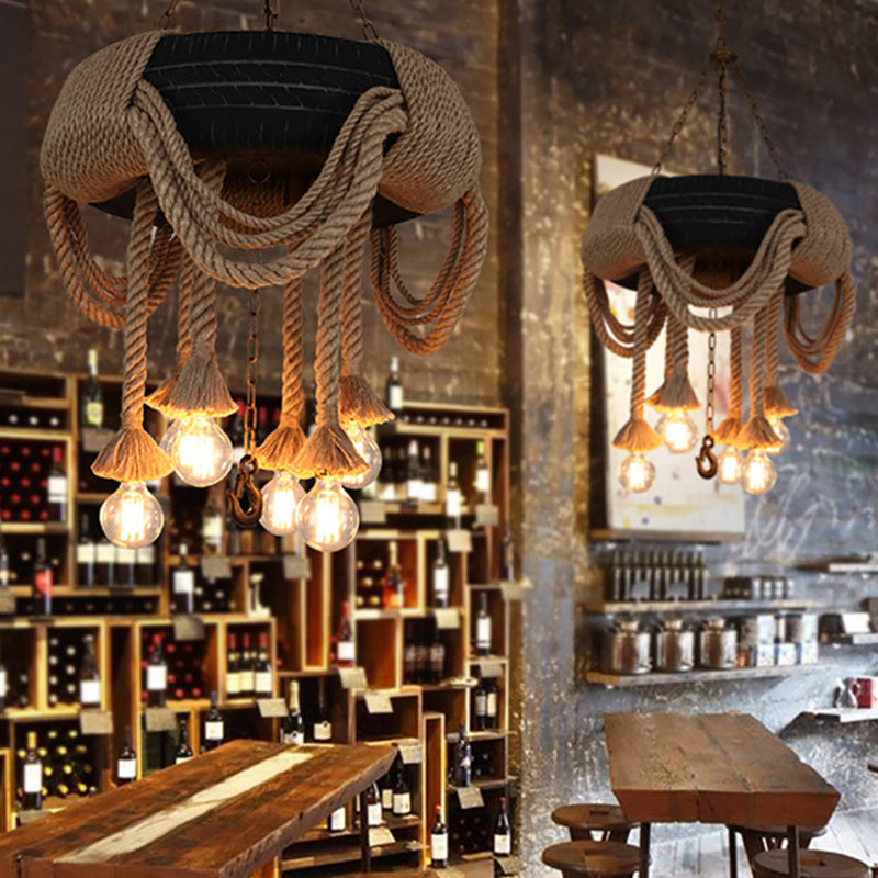 Black Tyre Chandelier Factory Rubber 6-Bulb Bistro Suspension Lamp with Hemp Rope Clearhalo 'Ceiling Lights' 'Chandeliers' Lighting' 2619094