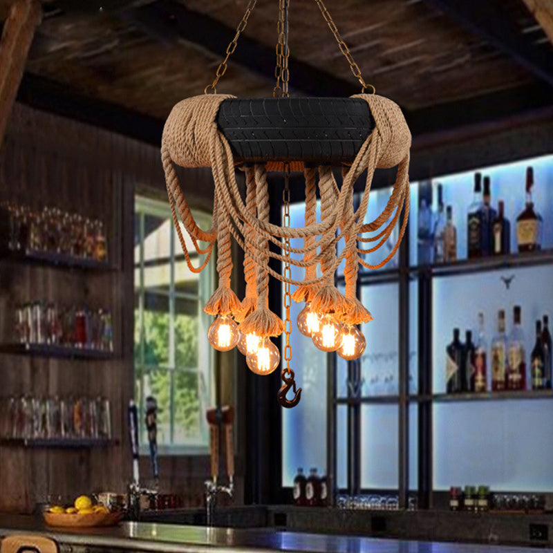 Black Tyre Chandelier Factory Rubber 6-Bulb Bistro Suspension Lamp with Hemp Rope Clearhalo 'Ceiling Lights' 'Chandeliers' Lighting' 2619096