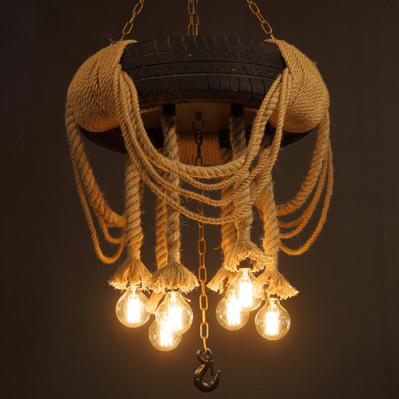 Black Tyre Chandelier Factory Rubber 6-Bulb Bistro Suspension Lamp with Hemp Rope Clearhalo 'Ceiling Lights' 'Chandeliers' Lighting' 2619097