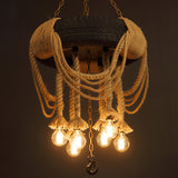 Black Tyre Chandelier Factory Rubber 6-Bulb Bistro Suspension Lamp with Hemp Rope Clearhalo 'Ceiling Lights' 'Chandeliers' Lighting' 2619097