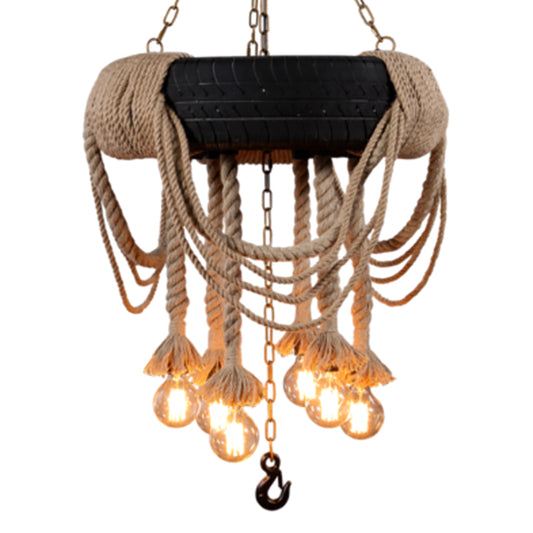 Black Tyre Chandelier Factory Rubber 6-Bulb Bistro Suspension Lamp with Hemp Rope Black Clearhalo 'Ceiling Lights' 'Chandeliers' Lighting' 2619098