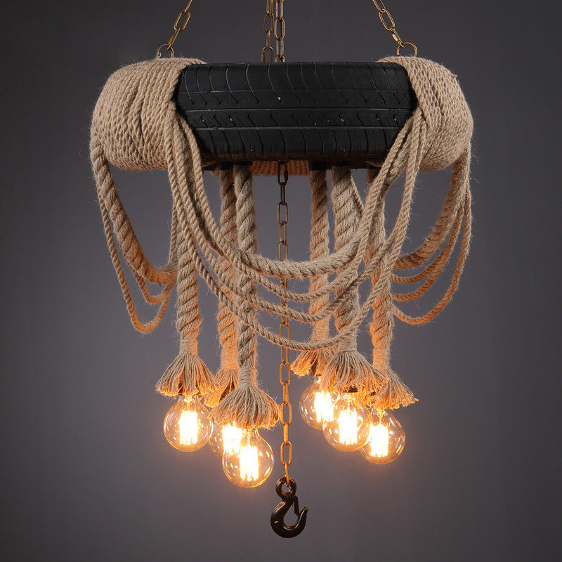 Black Tyre Chandelier Factory Rubber 6-Bulb Bistro Suspension Lamp with Hemp Rope Clearhalo 'Ceiling Lights' 'Chandeliers' Lighting' 2619099