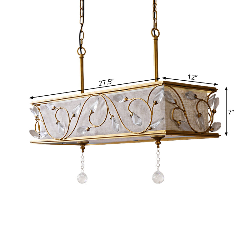 8-Light Cuboid Island Pendant Vintage Golden Flax Ceiling Lamp with Crystal Accent Clearhalo 'Ceiling Lights' 'Island Lights' Lighting' 261968