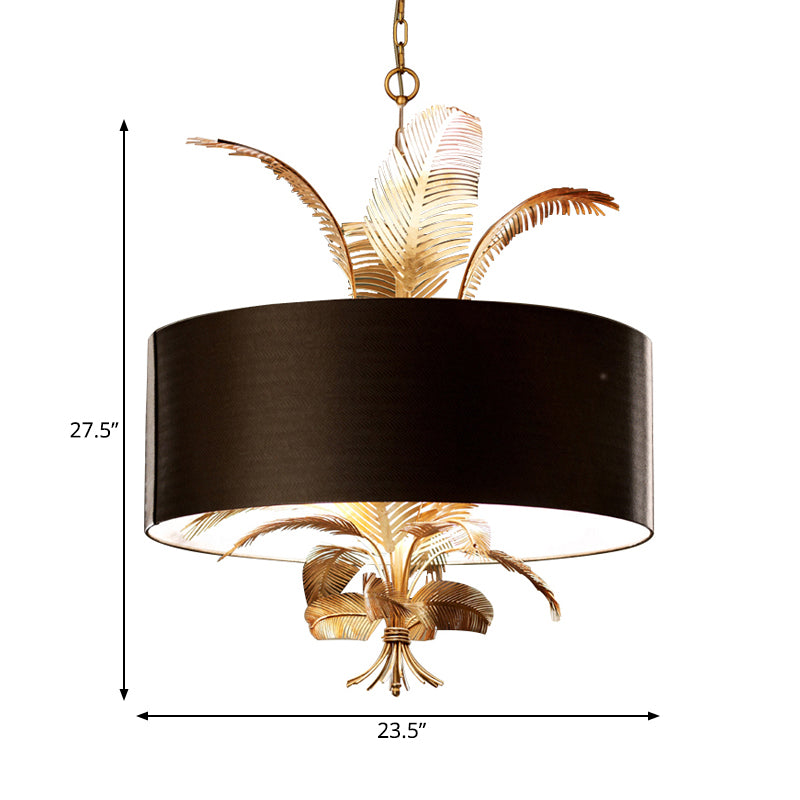 6 Lights Ceiling Light Country Drum Fabric Hanging Chandelier in Black for Dining Room with Leaves Deco Clearhalo 'Ceiling Lights' 'Chandeliers' Lighting' options 261969