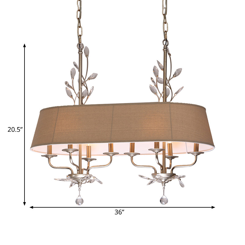 Flaxen Oblong Ceiling Pendant Traditional Fabric 8-Light Hanging Lamp over Island with Crystal Element Clearhalo 'Ceiling Lights' 'Island Lights' Lighting' 261970