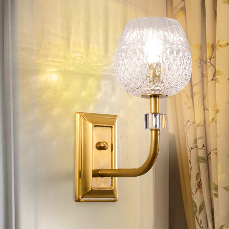 Dome Foyer Wall Light Fixture Clear Lattice Glass 1/2-Head Contemporary Wall Sconce in Gold Finish 1.0 Gold Clearhalo 'Modern wall lights' 'Modern' 'Wall Lamps & Sconces' 'Wall Lights' Lighting' 261971