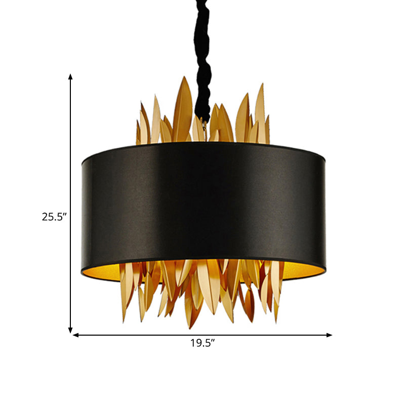 4 Lights Fabric Chandelier Lamp Country Black Round Dining Room Hanging Ceiling Light with Metal Leaves Clearhalo 'Ceiling Lights' 'Chandeliers' Lighting' options 261982