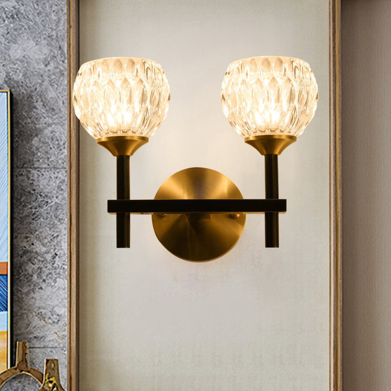 Black/Gold Finish Domed Wall Mount Light Modern Style 1/2-Bulb Clear Dimpled Glass Wall Light for Living Room Clearhalo 'Modern wall lights' 'Modern' 'Wall Lamps & Sconces' 'Wall Lights' Lighting' 261999