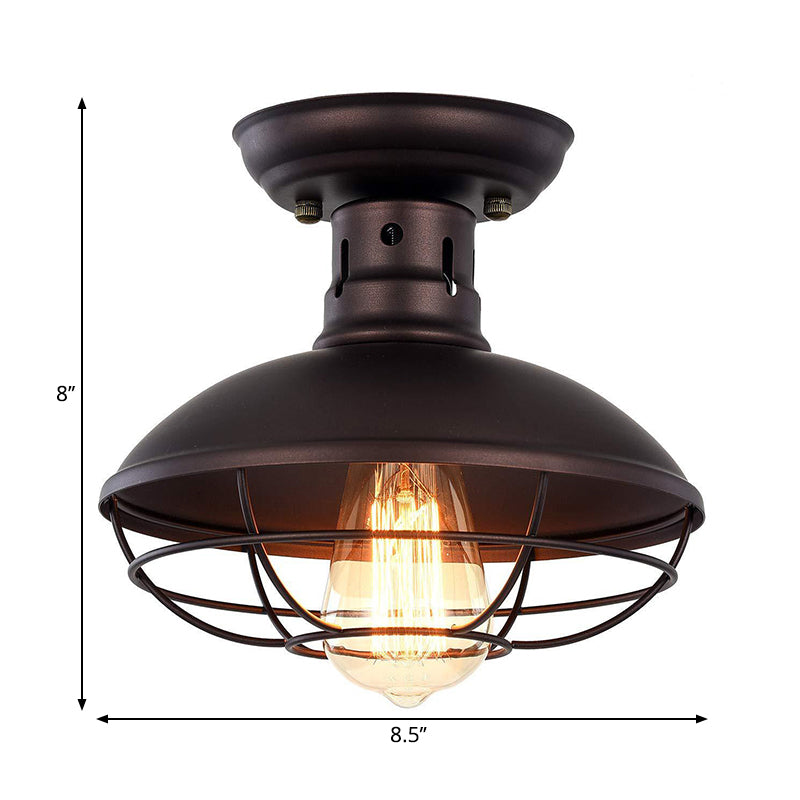 Barn Shade Kitchen Semi Mount Light Wrought Iron 1 Head Ceiling Flush Mount with Wire Guard in Antique Bronze/Bronze Clearhalo 'Ceiling Lights' 'Close To Ceiling Lights' 'Close to ceiling' 'Semi-flushmount' Lighting' 262025