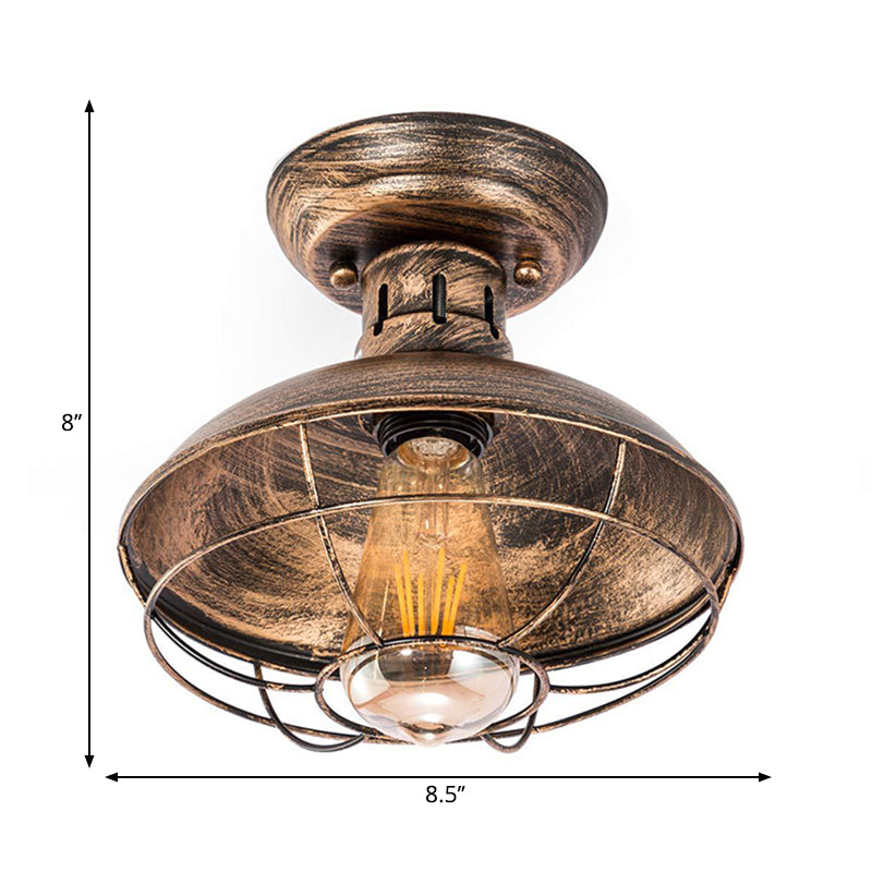 Barn Shade Kitchen Semi Mount Light Wrought Iron 1 Head Ceiling Flush Mount with Wire Guard in Antique Bronze/Bronze Clearhalo 'Ceiling Lights' 'Close To Ceiling Lights' 'Close to ceiling' 'Semi-flushmount' Lighting' 262026