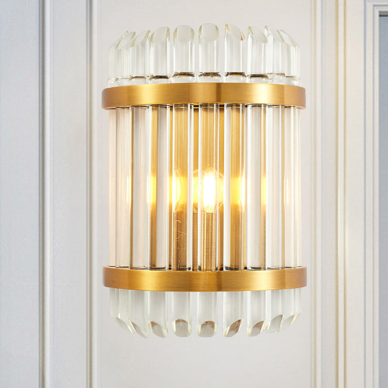 1/2 Lights Bedside Wall Sconce Modern Style Golden Wall Mount Light with Cylinder Clear Crystal Shade, 12"/21.5" W Gold 12" Clearhalo 'Modern wall lights' 'Modern' 'Wall Lamps & Sconces' 'Wall Lights' Lighting' 262027