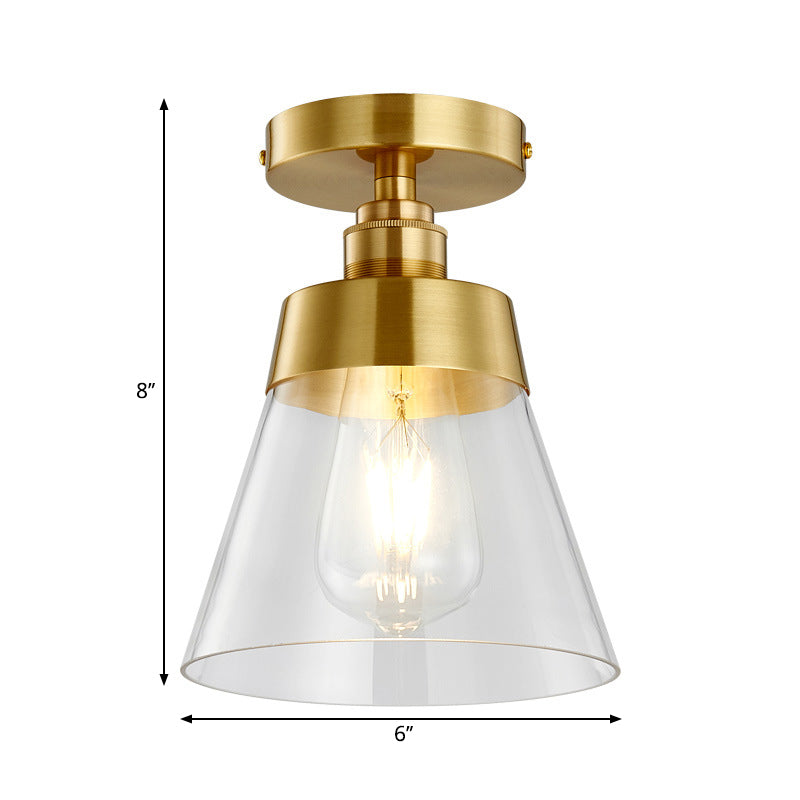 Cone Clear Glass Ceiling Flush Mount Industrial 1 Light Brass Finish Semi Flush Pendant Light for Balcony Clearhalo 'Ceiling Lights' 'Close To Ceiling Lights' 'Close to ceiling' 'Semi-flushmount' Lighting' 262067