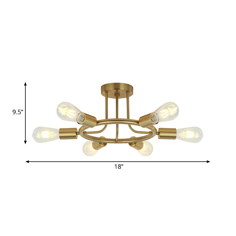 Bare Bulb Semi Flush Ceiling Light Mid Century Metallic 6 Heads Semi Mount Light in Brass/Black Finish Clearhalo 'Ceiling Lights' 'Close To Ceiling Lights' 'Close to ceiling' 'Semi-flushmount' Lighting' 262079