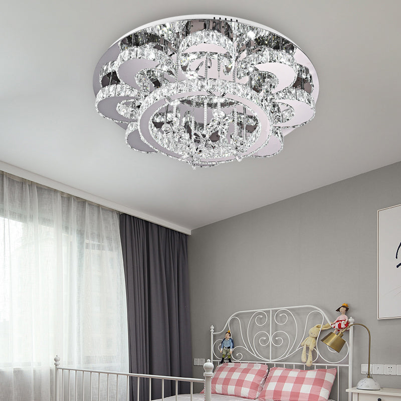 LED Flush Ceiling Light Modern Style Floral-Like Crystal Flush Mount Lighting in Chrome for Living Room, 23.5"/31.5" Wide Chrome 31.5" Clearhalo 'Ceiling Lights' 'Close To Ceiling Lights' 'Close to ceiling' 'Flush mount' Lighting' 262209