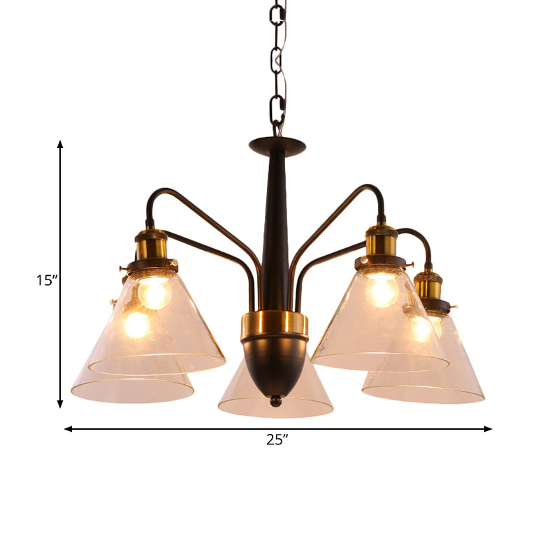 3/5/6-Light Conical Chandelier Light Traditional Black and Gold Hanging Pendant with Clear Glass Shade Clearhalo 'Ceiling Lights' 'Chandeliers' 'Glass shade' 'Glass' Lighting' 262221