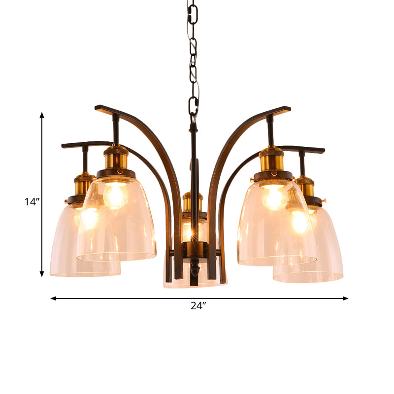 Clear Glass Cup Shape Chandelier Pendant Vintage 3/5/6-Light Ceiling Lamp with Curved Arm Clearhalo 'Ceiling Lights' 'Chandeliers' 'Glass shade' 'Glass' 'Pendant Lights' Lighting' 262331