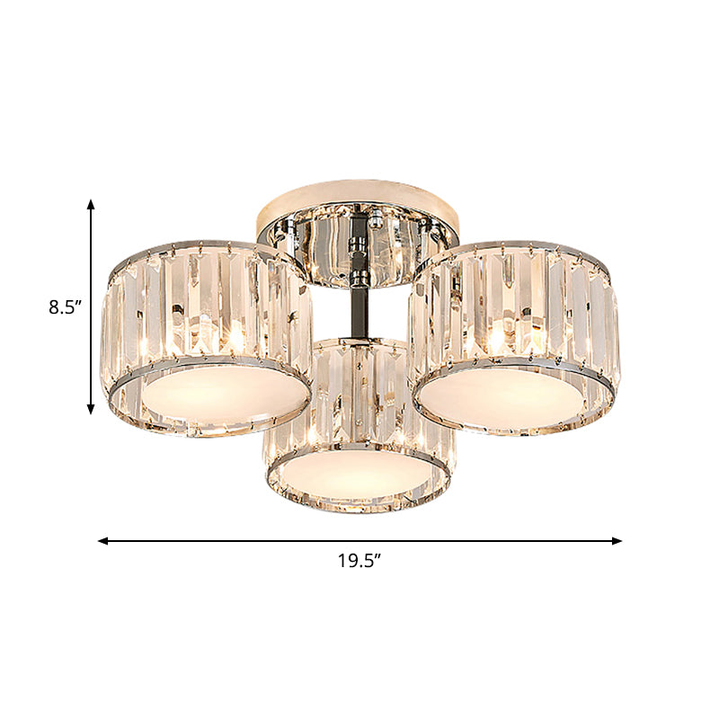 Crystal Drum Flush Mount Modernist 3/5/7 Heads Living Room Ceiling Lamp in Chrome Finish Clearhalo 'Ceiling Lights' 'Close To Ceiling Lights' 'Close to ceiling' 'Flush mount' Lighting' 262334