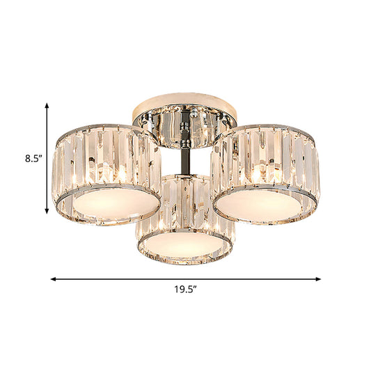 Crystal Drum Flush Mount Modernist 3/5/7 Heads Living Room Ceiling Lamp in Chrome Finish Clearhalo 'Ceiling Lights' 'Close To Ceiling Lights' 'Close to ceiling' 'Flush mount' Lighting' 262334