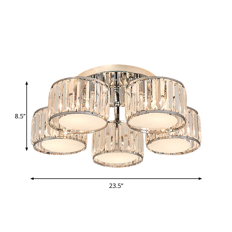 Crystal Drum Flush Mount Modernist 3/5/7 Heads Living Room Ceiling Lamp in Chrome Finish Clearhalo 'Ceiling Lights' 'Close To Ceiling Lights' 'Close to ceiling' 'Flush mount' Lighting' 262335